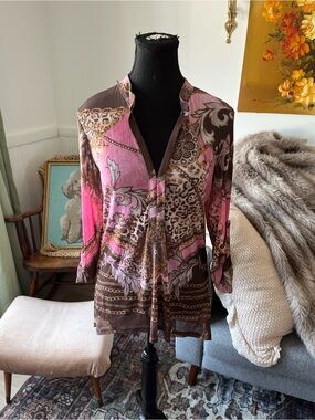 Women’s Y2K Vintage Sheet Pink and Brown Printed Top Size L